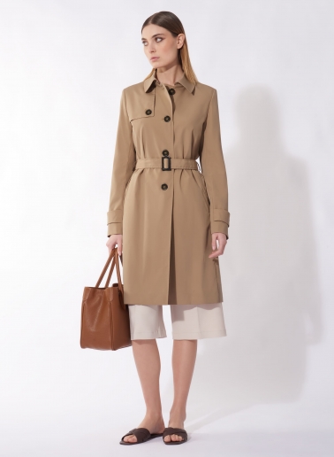 Rainproof tech taffeta camel trench coat