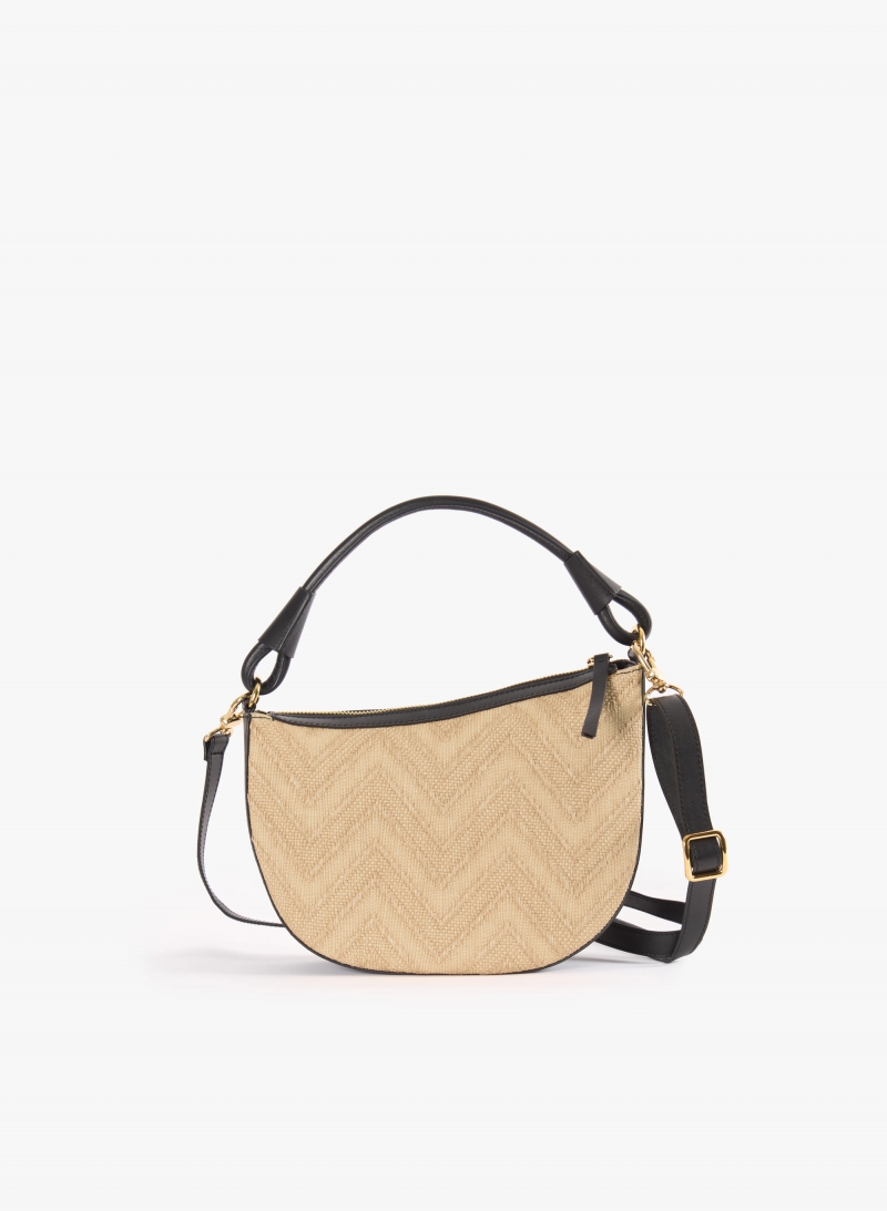 Asymmetrical straw bag with black leather details