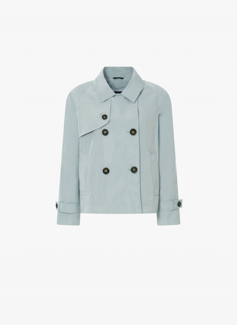 Double breasted light blue jacket in rainproof technical fabric