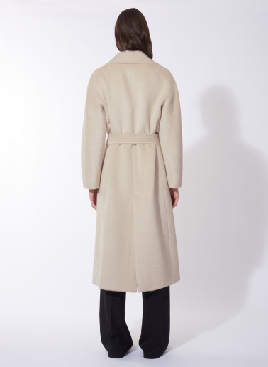 Maxi cappotto beige a vestaglia con cintura in alpaca e lana