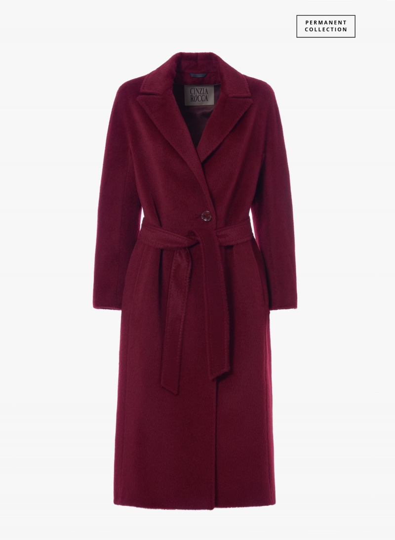 Maxi cappotto bordeaux a vestaglia con cintura in alpaca e lana