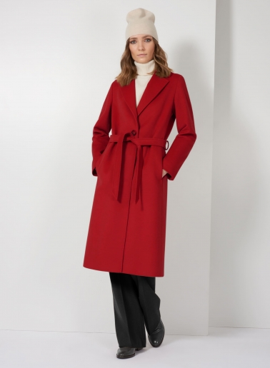 Cappotto rosso con cintura in pura lana linea aderente