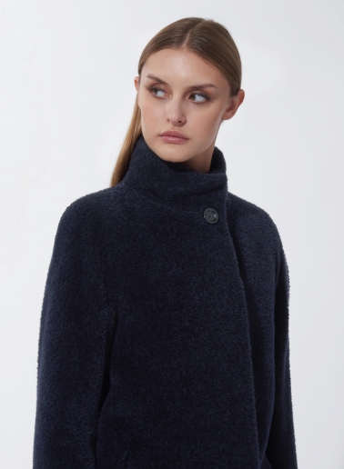 Cappotto corto blu svasato in lana e alpaca con spacchi laterali