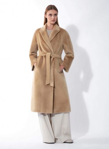 Maxi cappotto cammello a vestaglia con cintura in alpaca e lana
