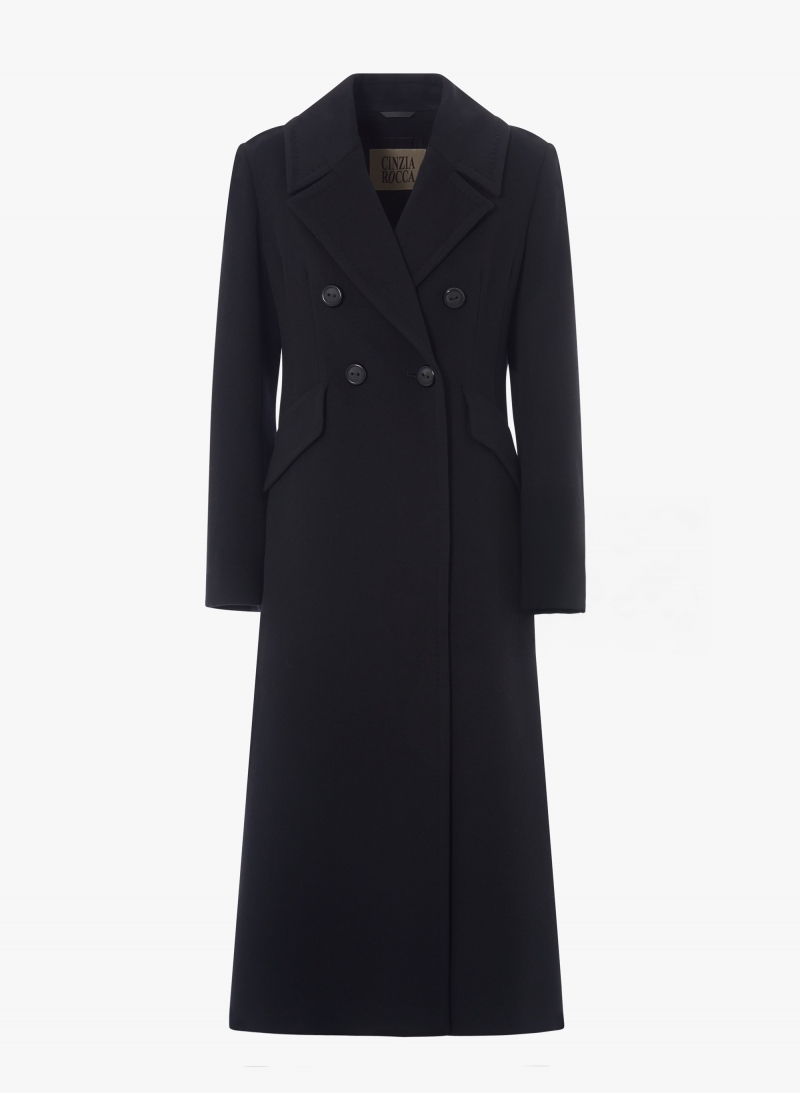 Maxi cappotto redingote nero doppio petto in pura lana