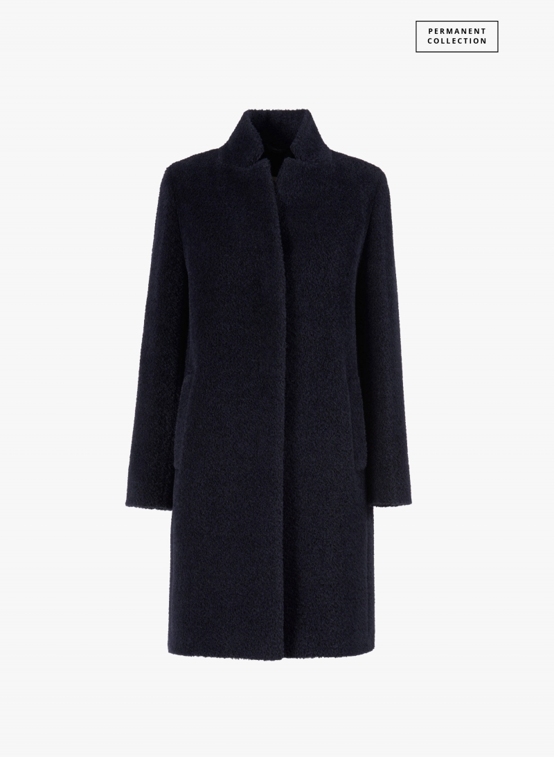 Cappotto blu in lana e alpaca con collo a rever rovesciato