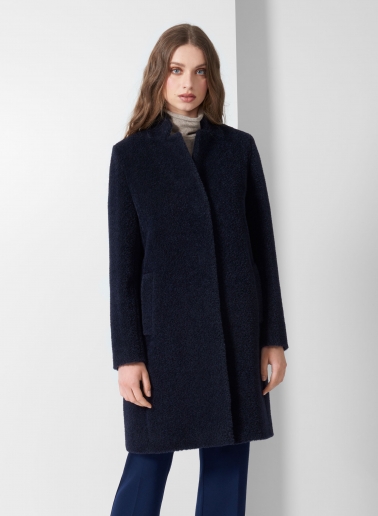 Cappotto blu in lana e alpaca con collo a rever rovesciato