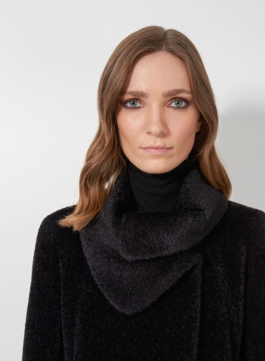 Short flared black wool and alpaca coat with crossover collar