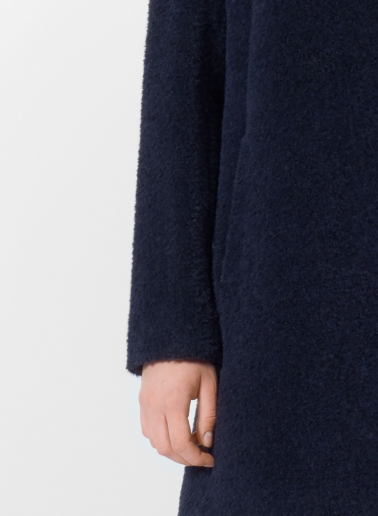 Short flared blue wool and alpaca coat with crossover collar
