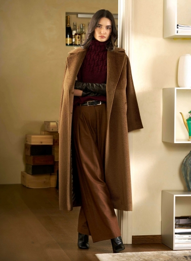 Maxi cappotto color tabacco in alpaca e lana