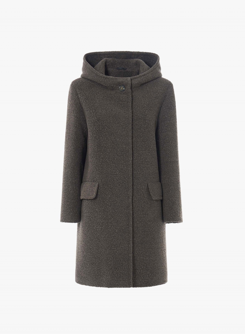 Dark taupe wool parka with faux fur texture