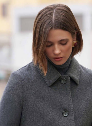 Grey wool short coat with shirt collar and patch pockets