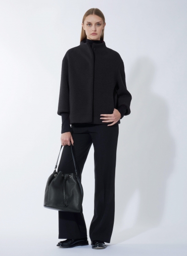 Black genuine leather bucket bag with gusset and logo