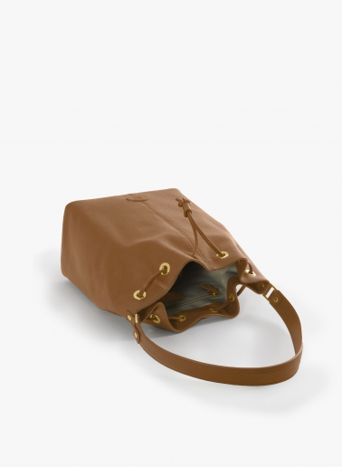 Secchiello con tassello e logo in pelle color tabacco