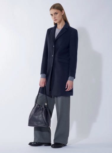 Blue genuine leather bucket bag with gusset and logo