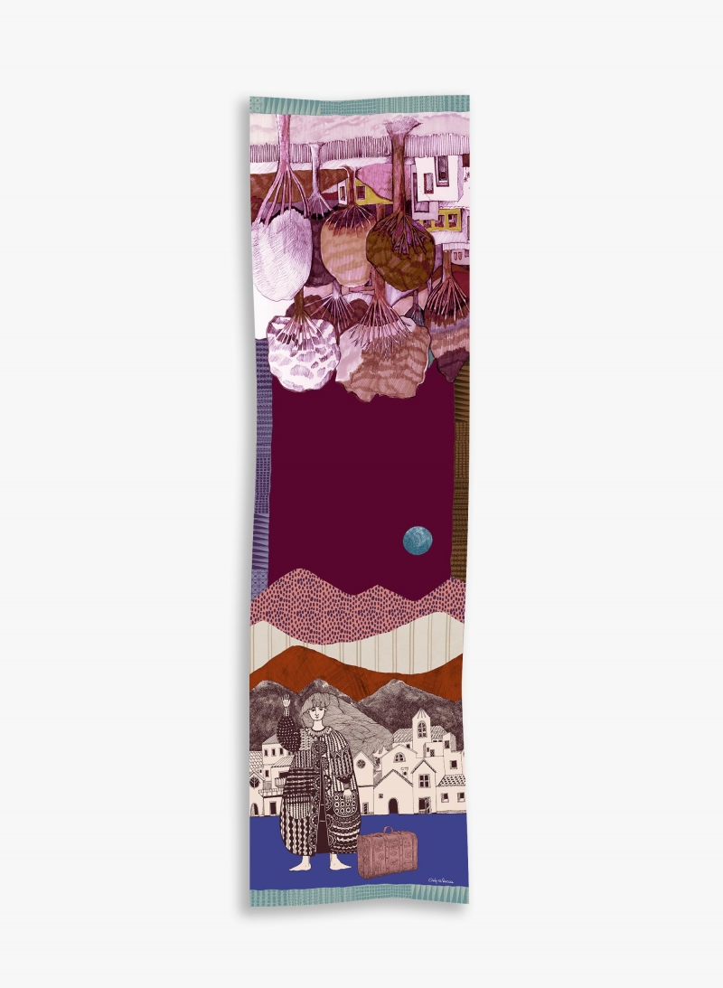 Foulard in twill di seta bordeaux con donna e paesaggio