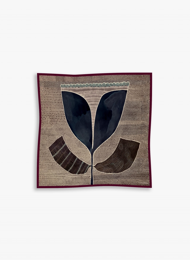 Beige twill silk scarf with stylized plant pattern