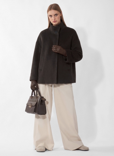 Short flared brown wool coat with high collar
