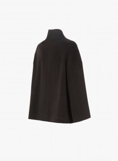 Short flared brown wool coat with high collar