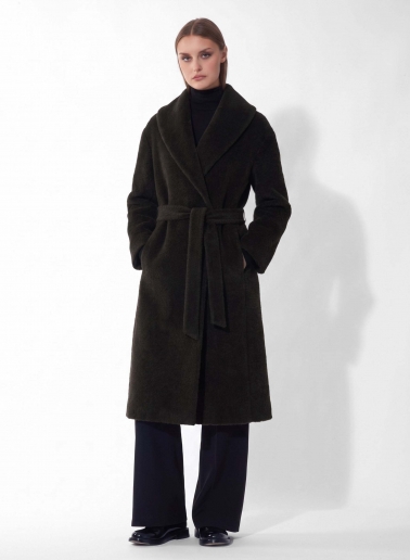 Maxi brown alpaca and wool coat with belt and shawl collar