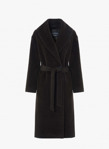 Maxi brown alpaca and wool coat with belt and shawl collar