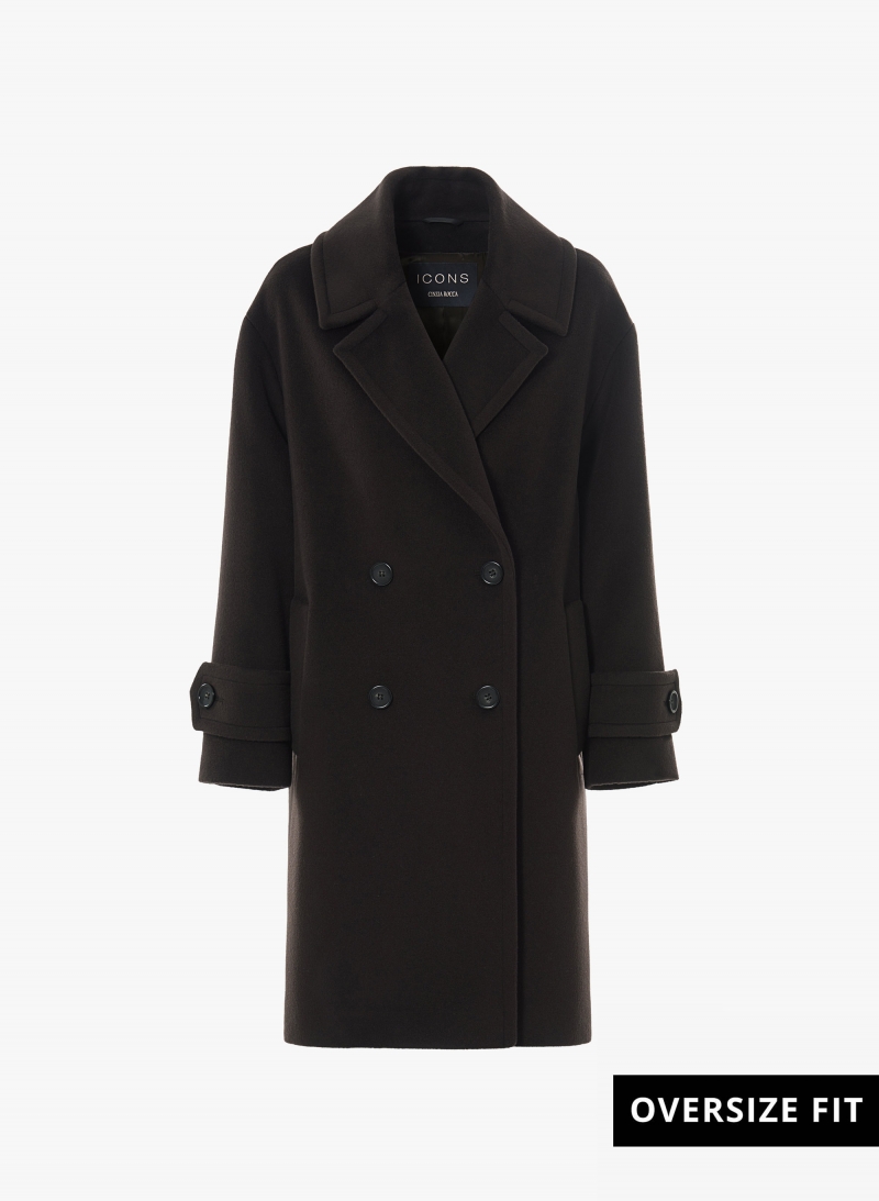 Brown double breasted pure wool coat with maxi notch collar