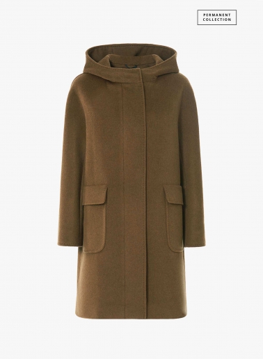 Parka color tabacco con cappuccio in pura lana e tasche applicate