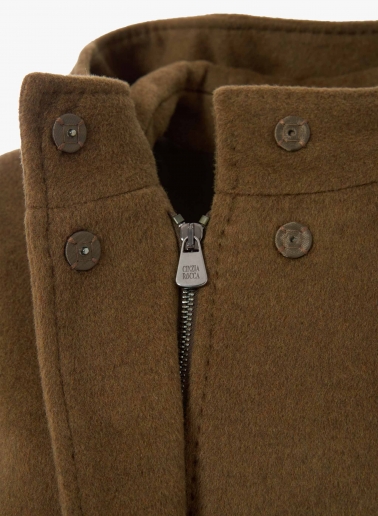 Tobacco colour pure wool hooded parka with patch pockets