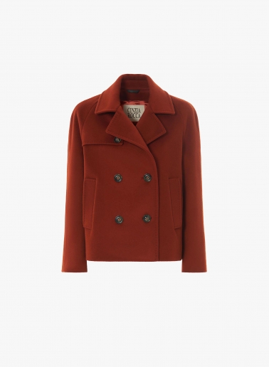 Cappotto corto color terracotta in pura lana con collo a camicia e patta stile trench