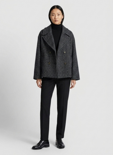 Short oversized black coat with maxi notch collar and lurex micro pattern