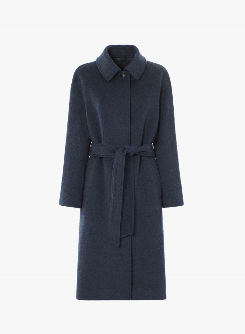 Blue wool belted coat with shirt collar