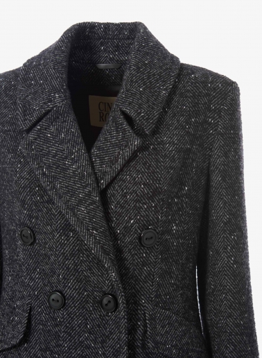 Maxi double breasted black frock coat with lurex micro pattern