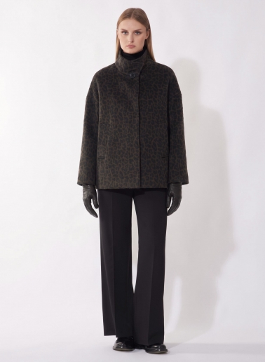 Short flared brown coat with high collar and animal pattern