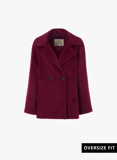 Burgundy alpaca and wool short coat with maxi dual use notch collar