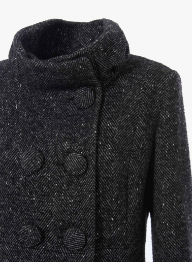 Long black frock coat with lurex micro pattern and high drape collar