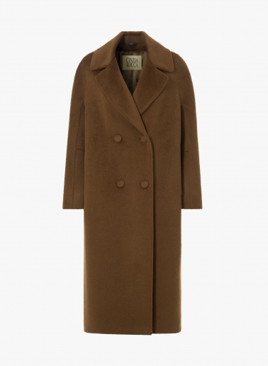 Long double breasted tobacco colour coat in alpaca and wool