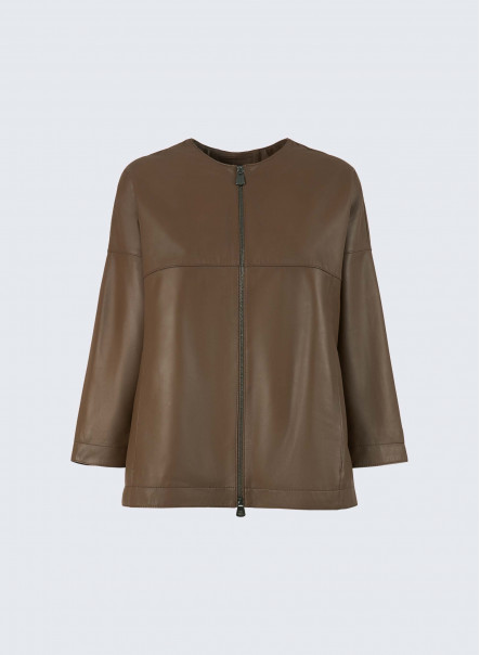 Collarless tobacco color leather jacket