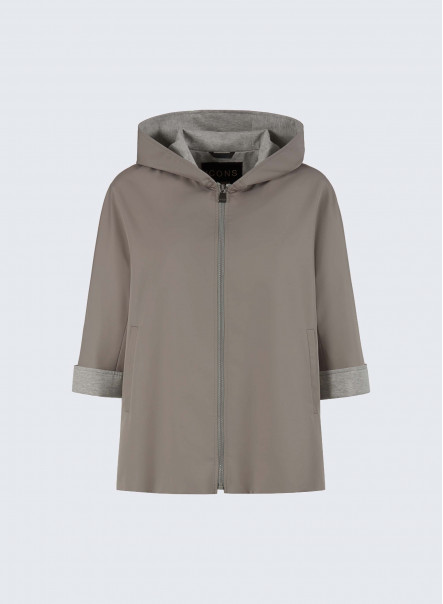 Water resistant tech satin grey hooded jacket with jersey details