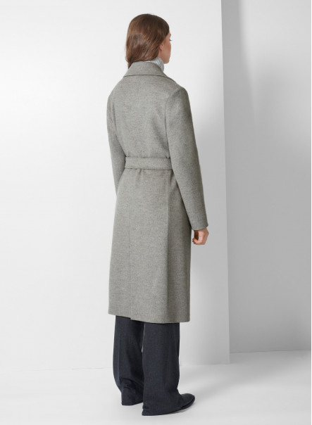 Cappotto a vestaglia grigio chiaro con cintura in lana