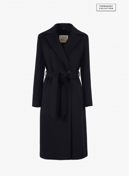 Cappotto a vestaglia nero con cintura in lana