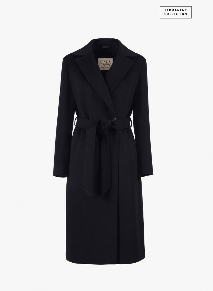 Cappotto a vestaglia nero con cintura in lana