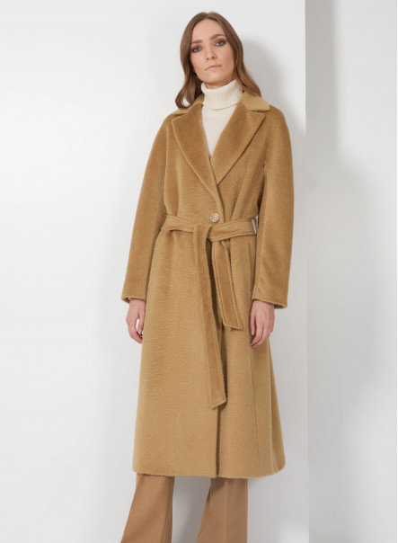 Cappotto lungo a vestaglia cammello con cintura in alpaca e lana