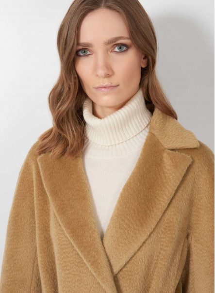 Long belted camel coat in alpaca and wool