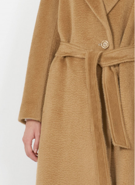 Long belted camel coat in alpaca and wool