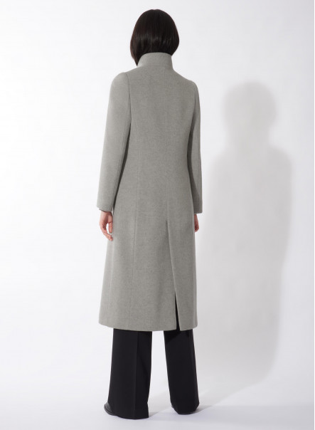 Cappotto lungo grigio chiaro in lana con pettorina staccabile