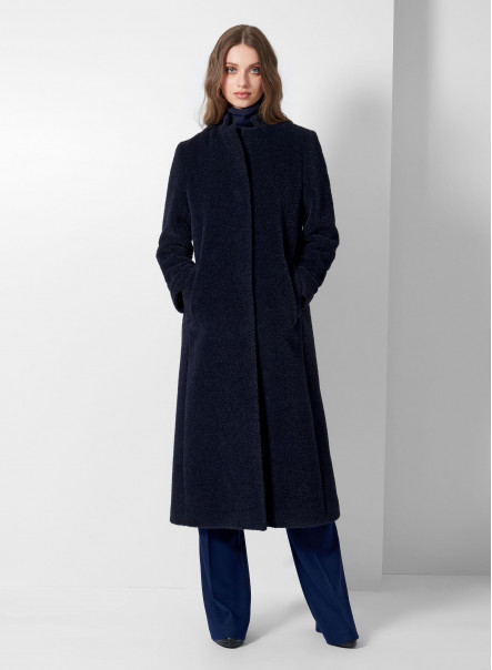 Cappotto lungo blu in lana e alpaca con collo a revers rovesciato