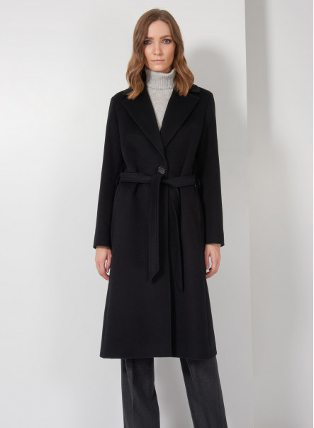 Cappotto nero in lana con cintura e collo a revers