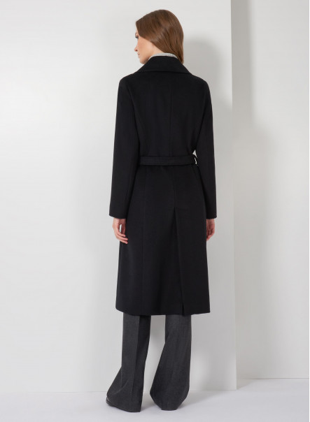 Cappotto nero in lana con cintura e collo a revers