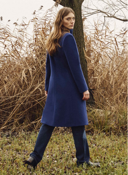 Cornflower blue wool and cashmere coat with high stand up collar