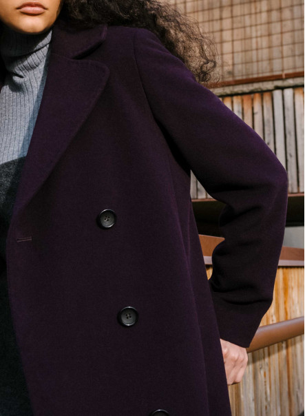 Cappotto lungo viola doppiopetto in lana e cashmere